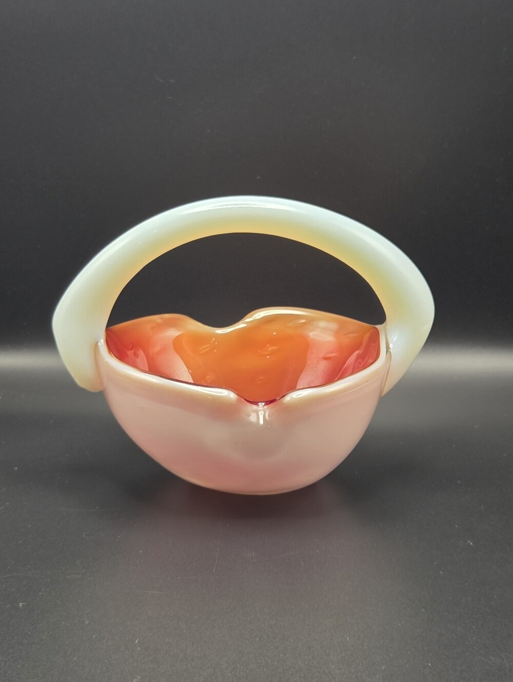 Vintage‎ Art Glass Basket Bowl White Orange Heavy Hand Blown MCM Murano Style